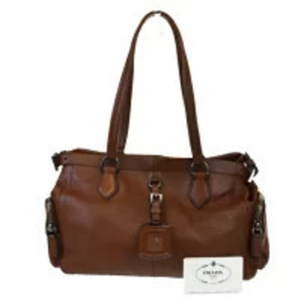 Prada leather shoulder tote bag logo top handles Brown Leather